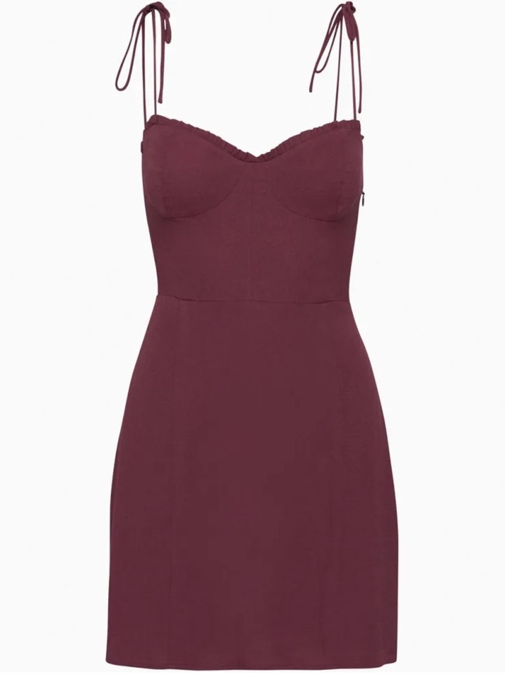 Aritzia Wilfred Tie Shoulder Sweetheart Ruffle Neck Mini Dress Deep Wine Size 0